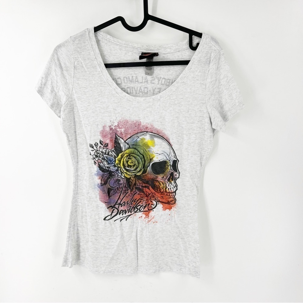 ✅ Harley Davidson Womens Gray Skull Short Sleeve T-SHIRT SIZE SMALL